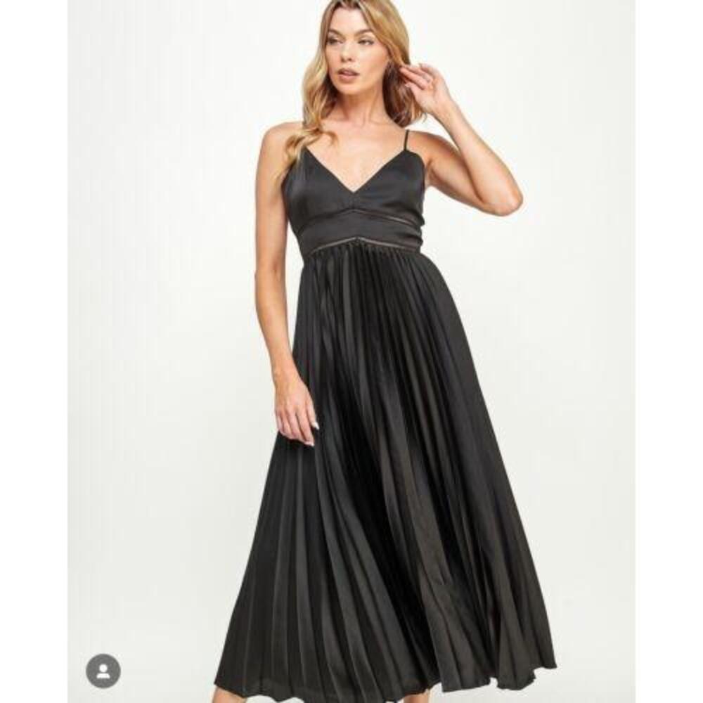 KOKO MASON Black Empire Waist Pleated Midi Dress Size M Formal Sleeveless Satin